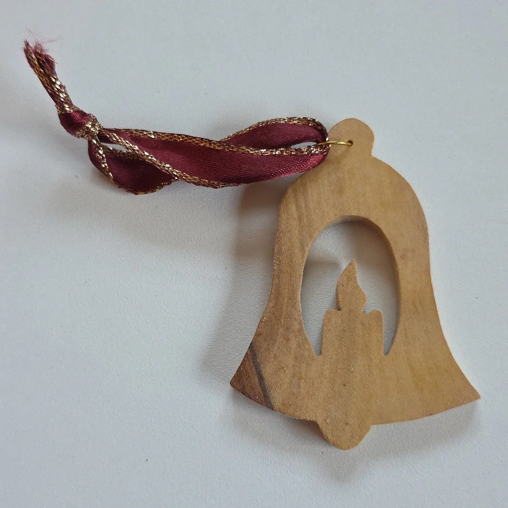Christmas Ornament - Elegant Wooden Bell Ornament with Burgundy Ribbon